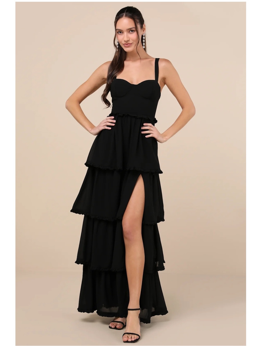 Lulus Sophisticated Occasion Black Bustier Lace-Up Back Tiered Maxi Dress Event